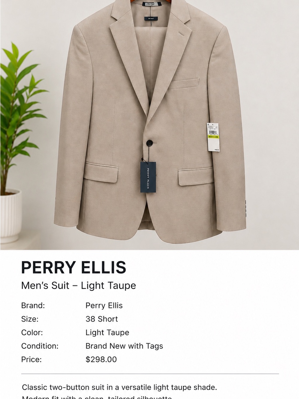 Perry Ellis Light Taupe Two-Button Men's Suit Jacket